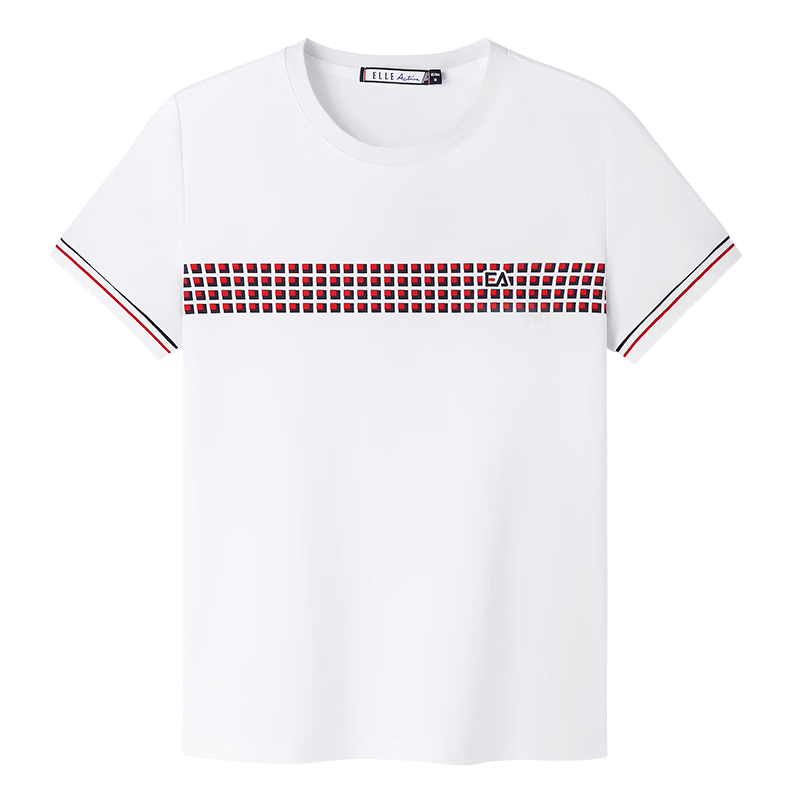 ELLE ACTIVE Casual Colorblock Plaid Short Sleeve T-Shirt Women Summer Simple Versatile Commuter Sports Crew Neck Top White 2XL
