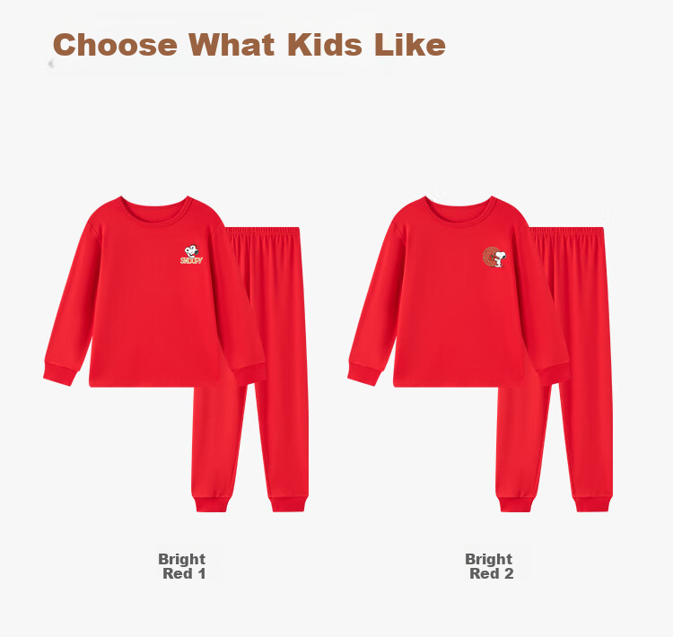 SNOOPY Kids Thermal Underwear Set Boys Girls Sleepwear Autumn Winter Red Cotton Fleece 12