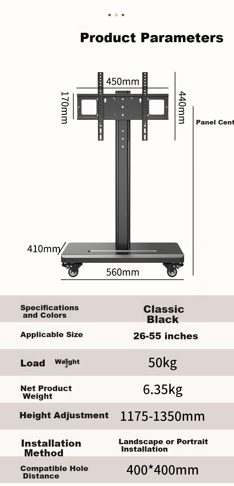TAZD TV Stand, Movable 40-80 Inch, Horizontal And Vertical Screen, Adjustable Height, Rotatable 90°, Floor-Standing Cart for TVs, Flat-Screen TV Mount, Monitor Stand, Brand-Movable Rack 6