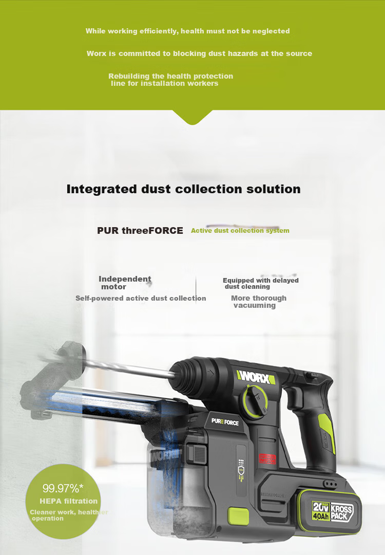 WORX 20V Dust Collection Lithium Battery Hammer Drill WU384T.9 (Bare Tool) Cordless Impact Drill Concrete Electric Tool 5