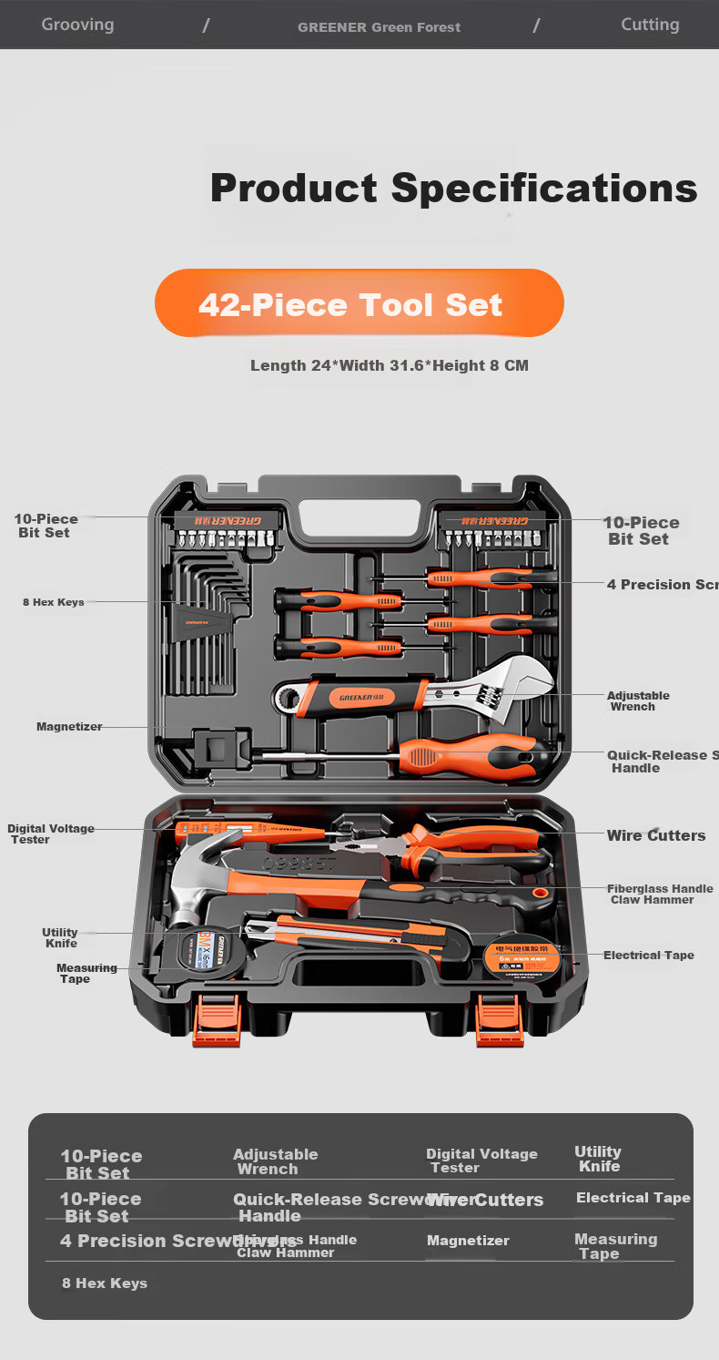 GREENER Household Toolbox Set Hardware Tool Kit Electrical Telecom Tools 42-Piece Set 7