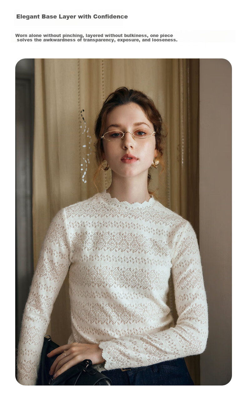 Olrain Eurier Small Turtleneck Pullover Lace Long Sleeve Slim Fit Top Women's Autumn Beige S 6