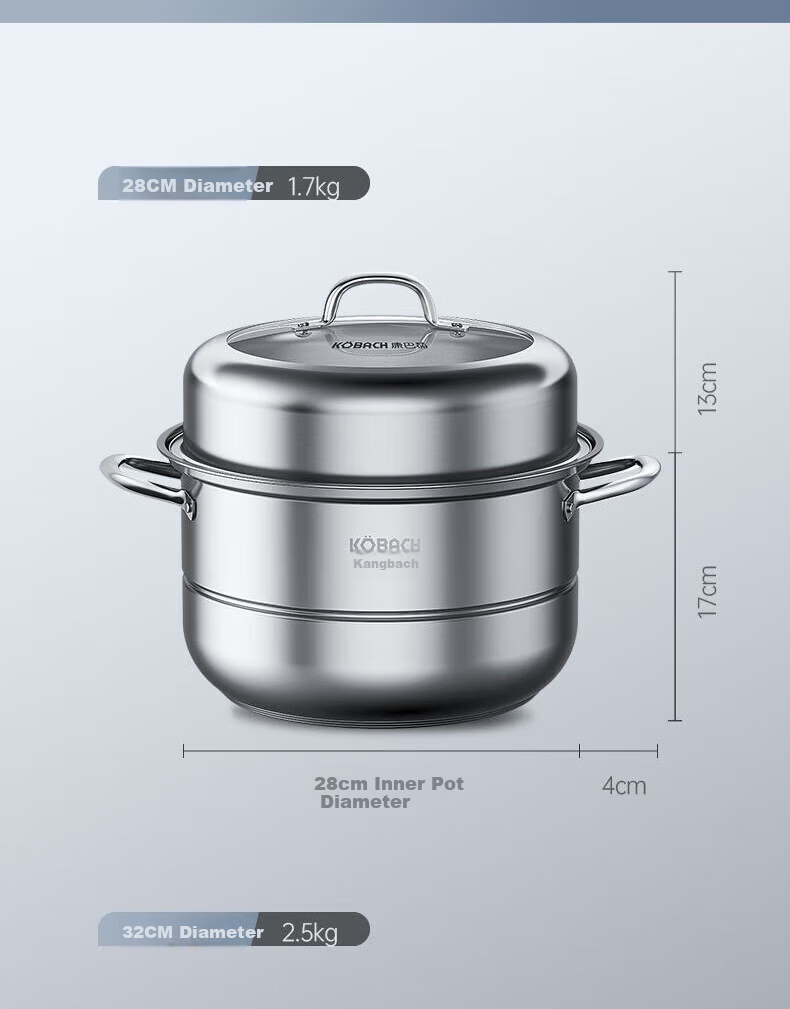 Kambach 28cm Stainless Steel 304 Double-Layer Steamer Pot with Composite Bottom for Gas Stove and Induction Cooker 13