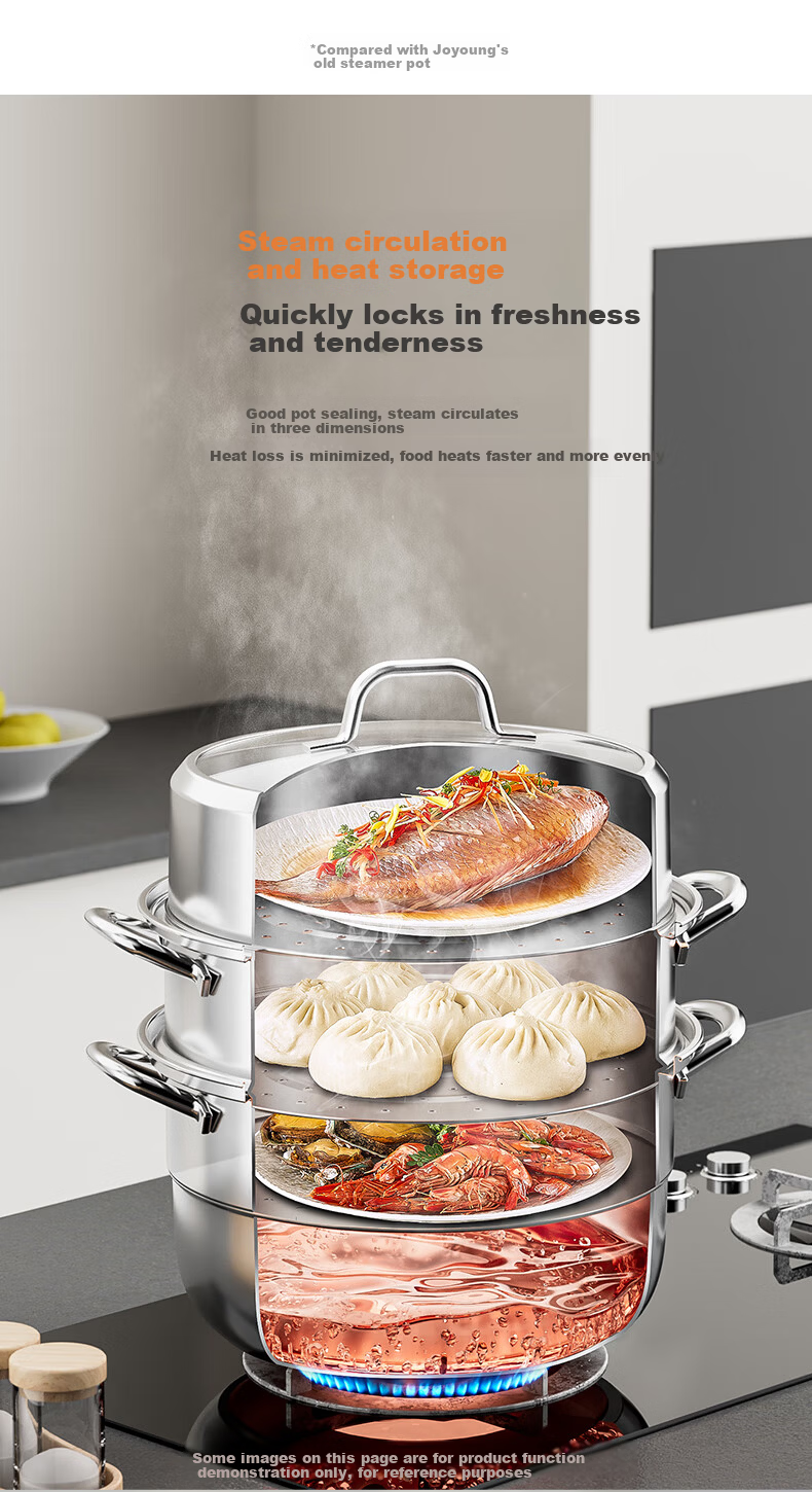 Joyoung 26cm 304 Stainless Steel Multifunctional Steamer for Induction Cooker and Gas Stove, Wooden Steamer Pot, Home Use 7