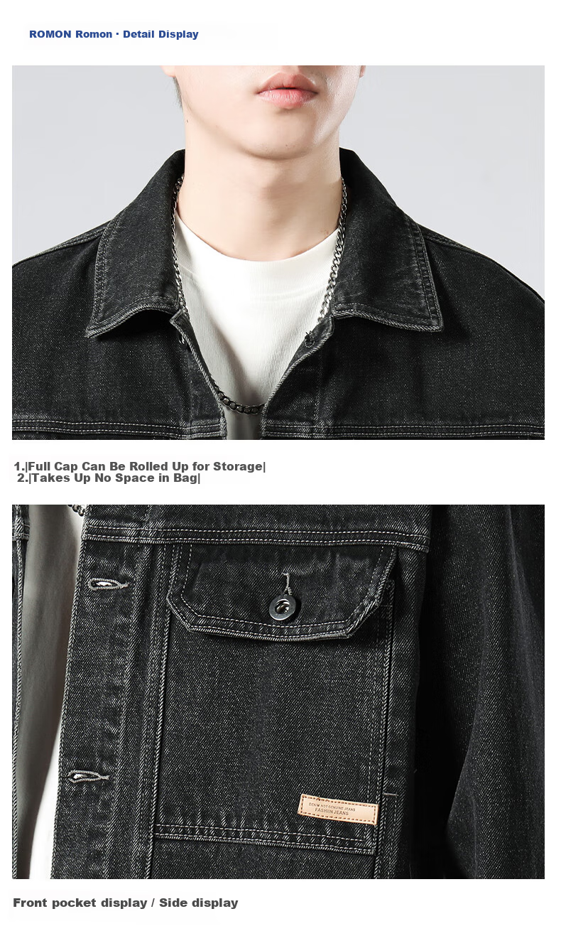 ROMON [Workwear Retro] Men's Jacket, Summer Turn-Down Collar, Loose-Fitting Trendy American Casual Denim Coat, Black And Gray, Size L 16