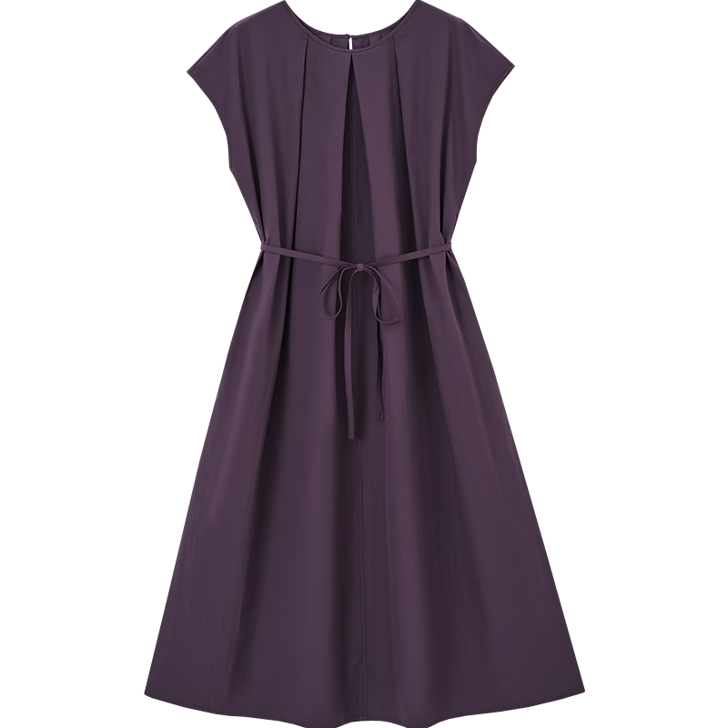 Demana [Black Technology] Summer Sorona Round Neck Cap Sleeve Belted Loose Slim Dress for Women High-End Feel