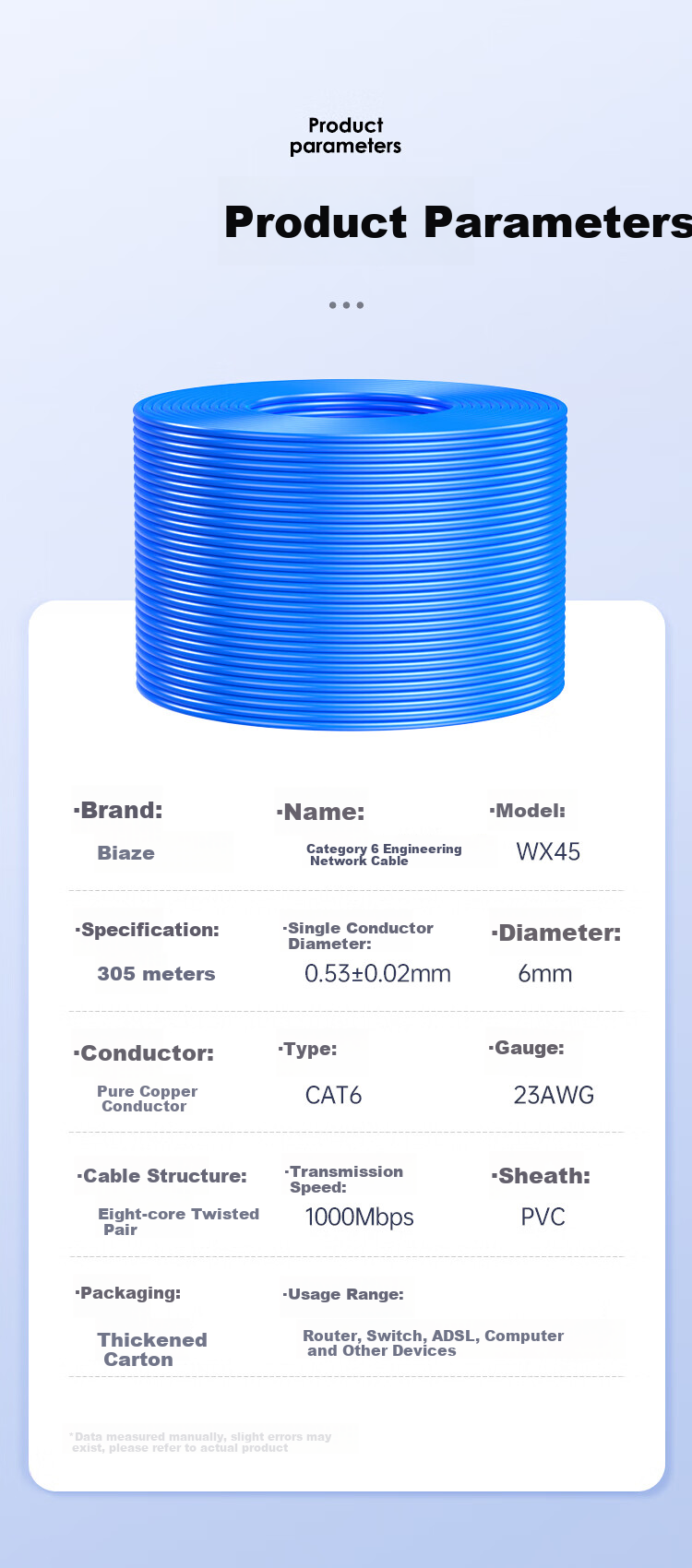 BIAZE WX45-305-Blue Cat6 Network Cable Security Engineering Pure Copper Gigabit Unshielded Twisted Pair Home Security Network Wiring Surveillance Cable 305m 12