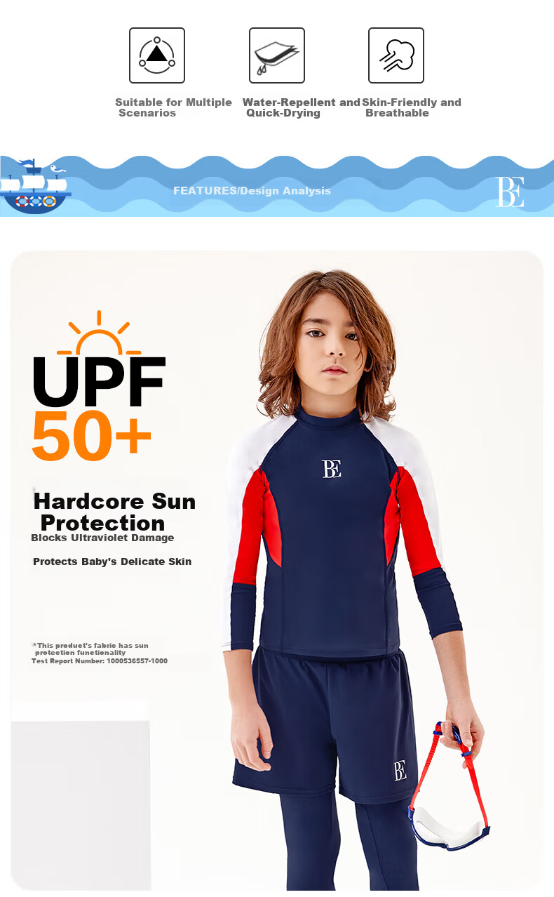 BALNEAIRE Kids Two-Piece Swimwear Boys Long Sleeve Top and Pants Set UV Protection Breathable Quick-Dry for Pool and Beach 280106 140/68 2