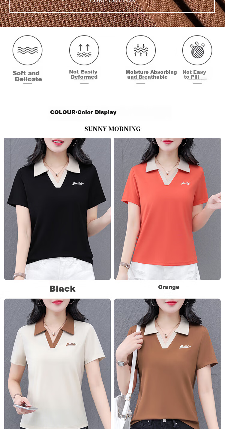 Woodpecker Women's Short Sleeve Polo Shirt Summer Ice Silk Slim Fit Breathable Sports Top Black M 7