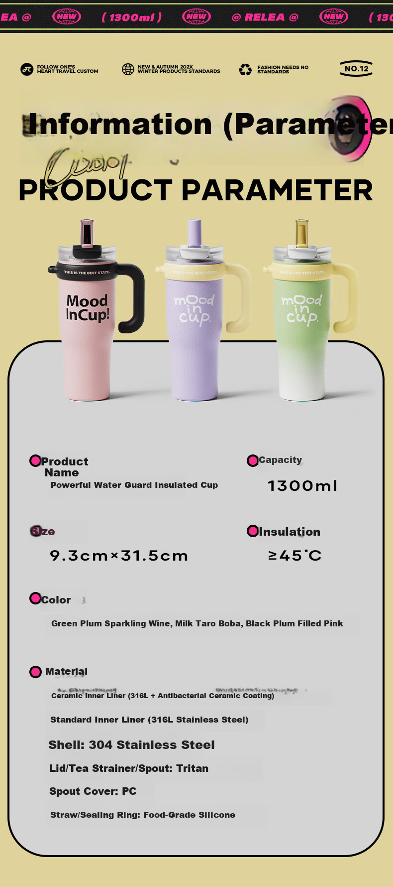 RELEA Giant Insulated Tumbler for Men And Women, Large Capacity Ice Cup, Stylish Straw Cup, Stainless Steel Water Bottle, Mid-Autumn Festival Gift 5