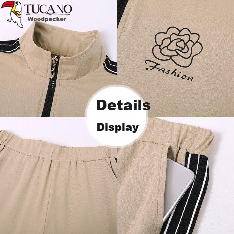 Woodpecker Zipper Sportswear Set for Women Summer Thin Cotton Middle-aged Fashion Casual Stand Collar Two-piece Khaki 2XL