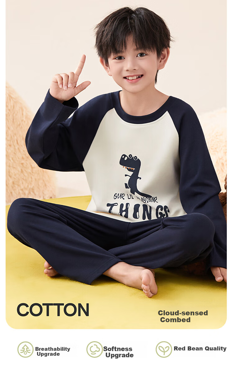 Hodo Kids Spring Summer Antibacterial Mite-Resistant 100% Cotton Crew Neck Boys Dinosaur Pajama Set 2