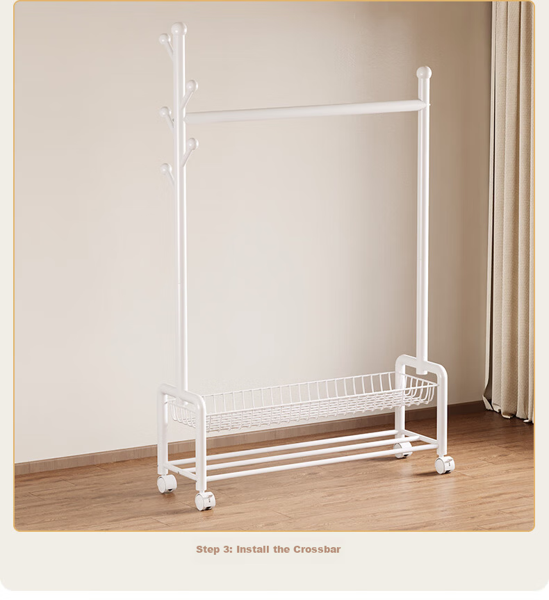 Yicai Nianhua Floor Clothes Drying Rack with Net and Wheels Multifunctional Bedroom Clothes Rack with Storage Basket and Coat Hanger 1255 18