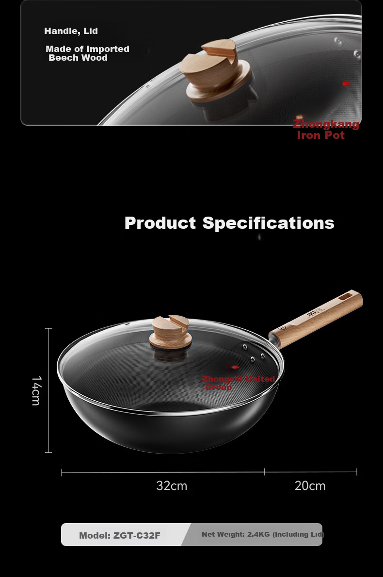 Zhongkang Titanium-Free Coating Non-Stick Iron Frying Pan 32cm for Home Use Compatible with Gas Stove and Induction Cooker 9