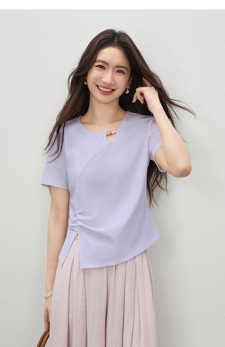 Shangdu Bila Cool Feeling Lyocell Cotton Women's T-Shirt Spring Summer Hollow Beaded Round Neck Elegant Top Curved Split Pleats Women's Wear 15