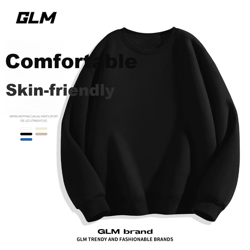 GLM Men's Round Neck Sweatshirt Autumn Loose Casual Sports Simple Pullover Base Shirt Black M