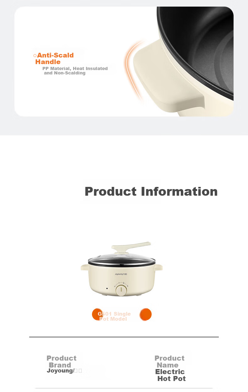 Joyoung ZMD Safe Series Electric Hot Pot Household Electric Frying and Cooking Pot 1600W Power 3-Speed Adjustment Large Diameter Deep Pot 6L Capacity HG60-G501 10