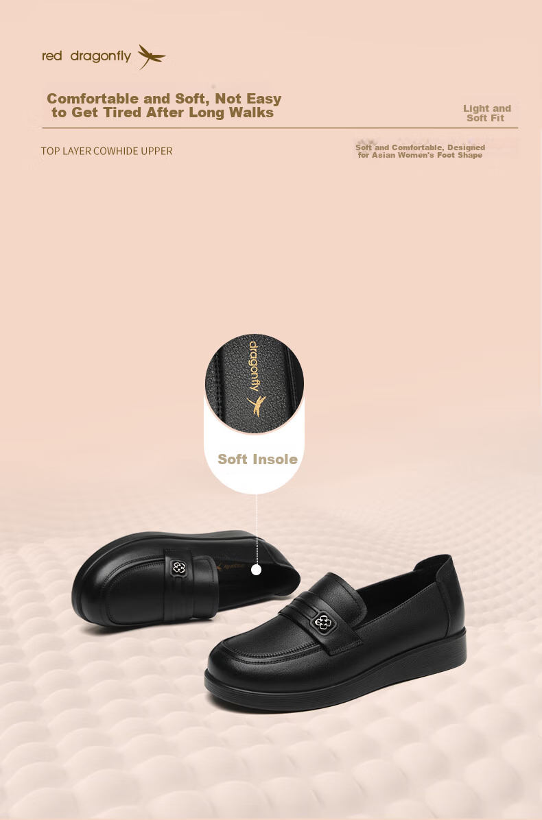 RED DRAGONFLY Women's Leather Loafers Single Shoes British Style Slip-On Mom Shoes WTB341781 Black Size 36 4
