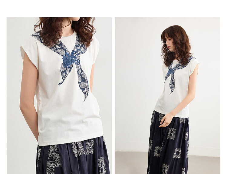 Demana [Cooling Black Technology Sorona] Summer Vintage Floral Bow Tie Round Neck Short Sleeve Loose Women's T-Shirt 9