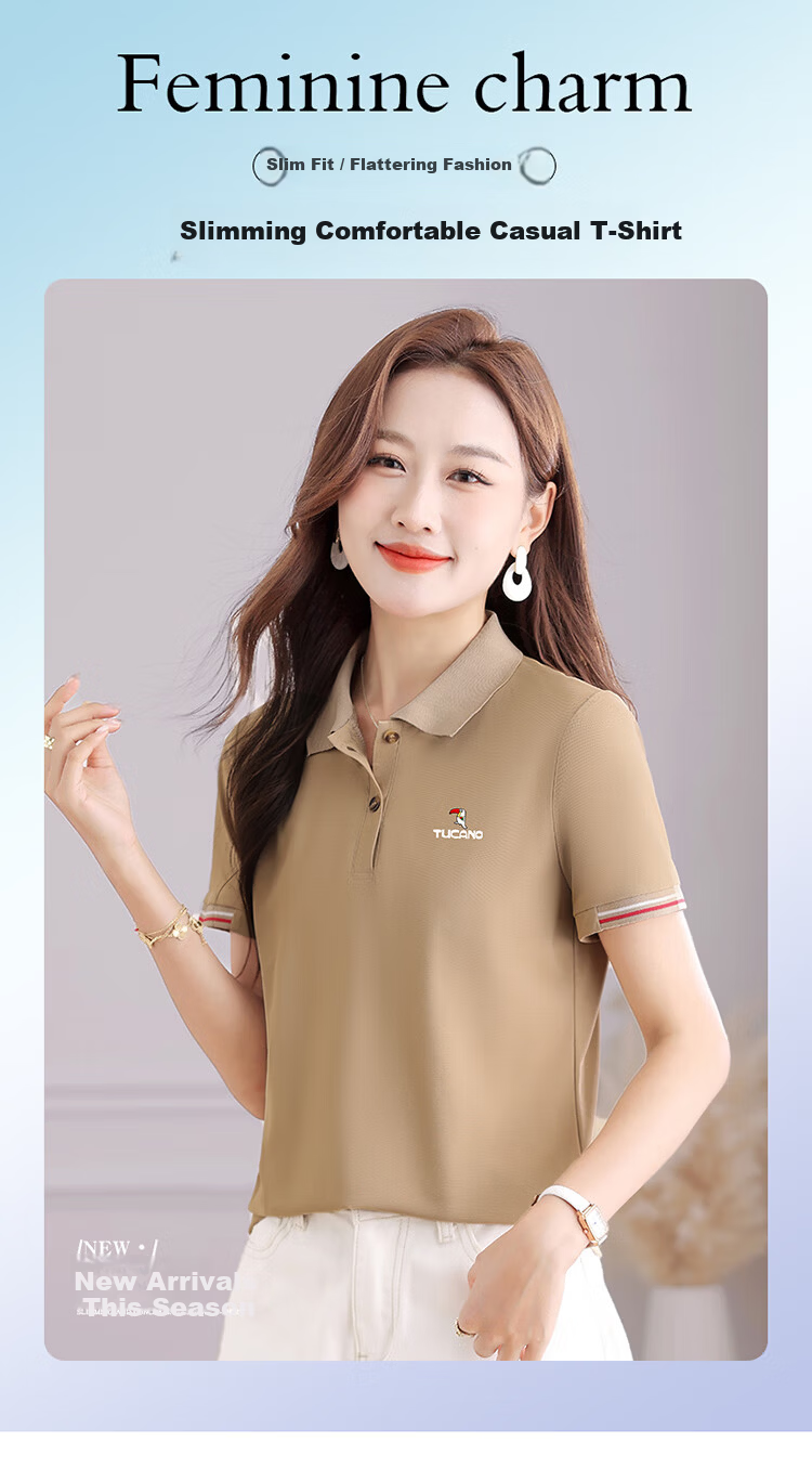 TUCANO Women's Summer New Polo Shirt Ice Silk Short Sleeve Turn-down Collar Slim Fit Sports Casual Top White 2XL 1