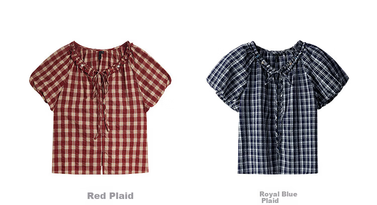 INMAN French Vintage Red Plaid Short Sleeve Shirt 26 Summer New Women's Ruffle Beaded Top Navy Plaid L 19