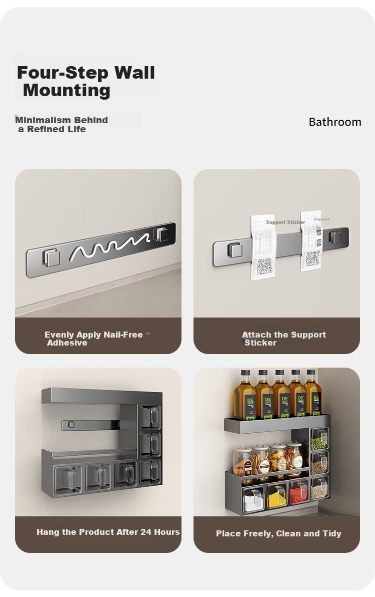 Jiabangshu Spice Rack Kitchen Multifunctional Seasoning Box Storage Shelf No-Drill Wall-Mounted Organizer 6-Box Gun Gray 12