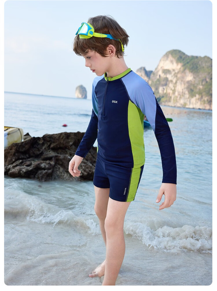 ASK JUNIOR Kids Swimwear with Swim Cap Summer Boys Two-Piece Long Sleeve Swimsuit and Shorts Set Professional Training Suit 15
