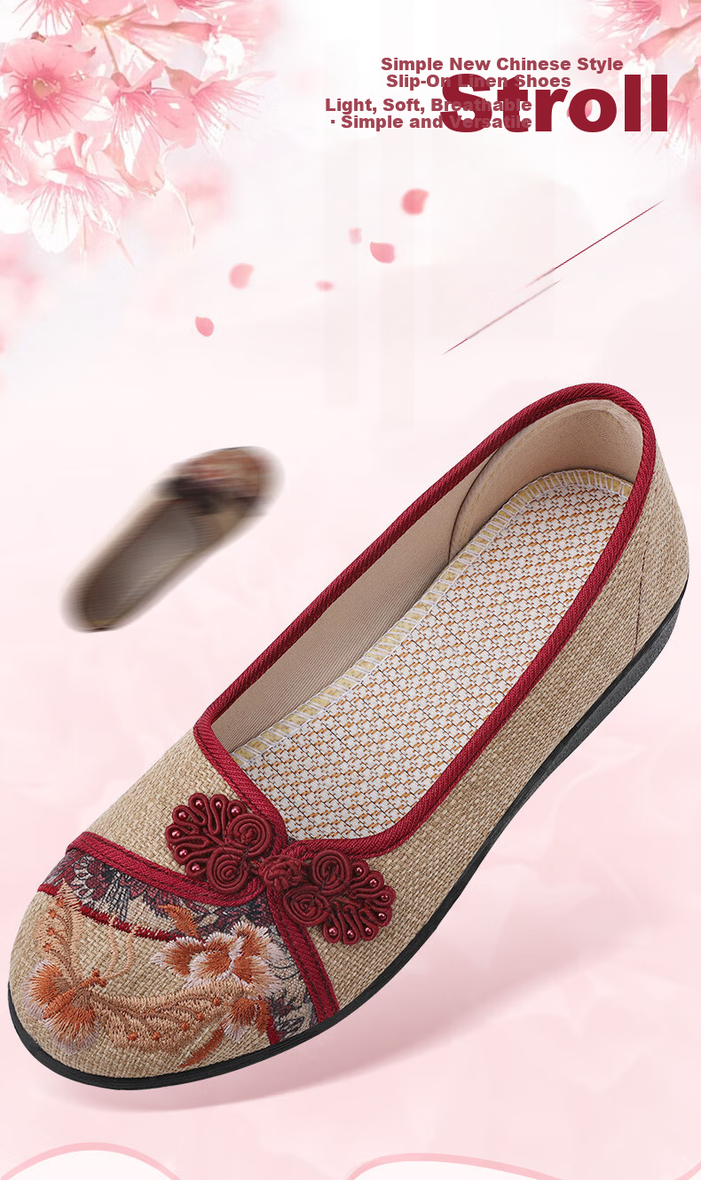 BUSHEYUAN Soft Sole Breathable Flat Shoes with Pankou Buttons, Mom Shoes, Lazy Shoes, Old Beijing Cloth Shoes for Women 510-1332 Red Size 37 1