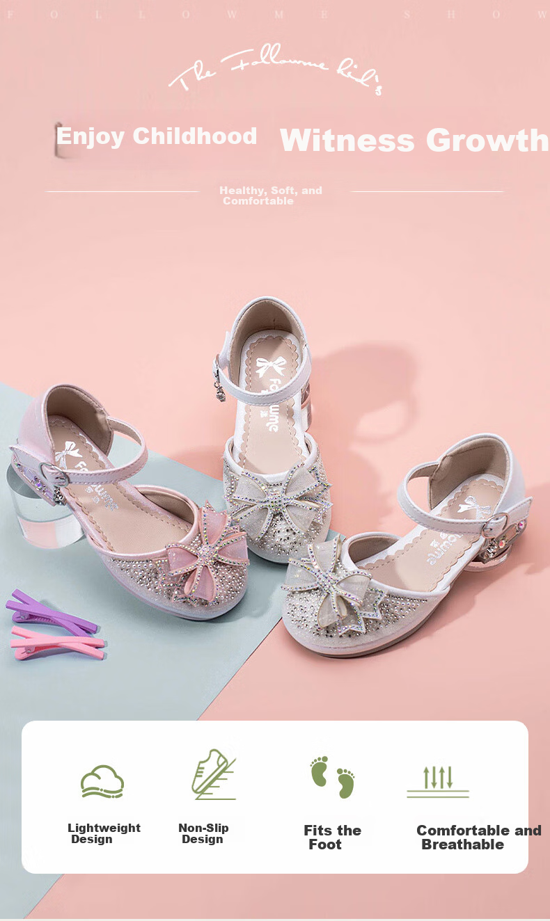 Follow Me Girls' Sweet Bow Rhinestone Princess Shoes, Fashionable Soft-Soled Crystal Shoes, Flats, Pearl Pink, Size 35 1
