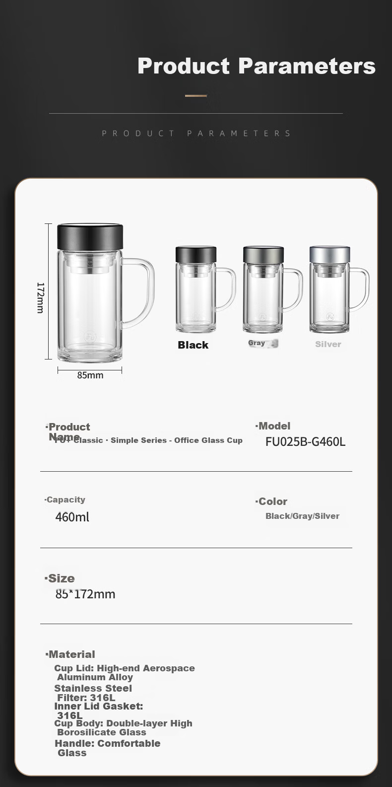 Fuguang Jiashuang Double-Layer Glass Cup Home Business Office Water Cup with Handle Tea Infuser Separation Desktop Office Cup 12