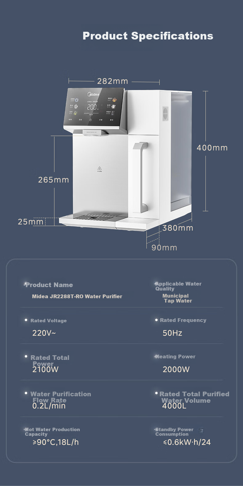 Midea Desktop Water Purifier and Dispenser Instant Heating Cube Series Rich Strontium Mineralized Hot and Cold Dual Temperature JD2288T-RO 26