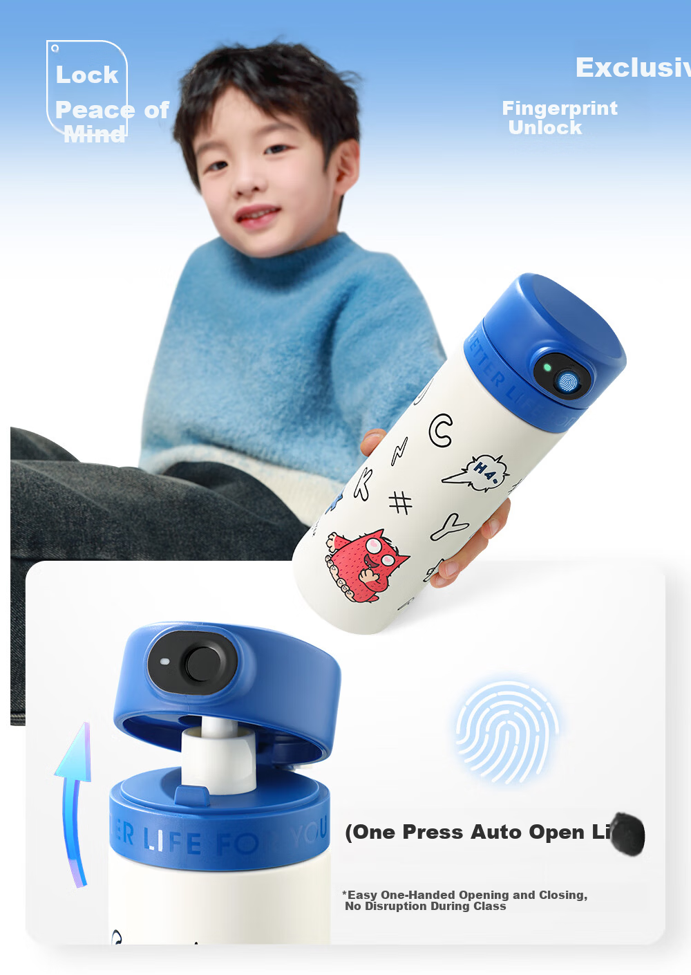 Fuguang Smart Fingerprint Cup, Unlock Password, Children's Thermos Cup, Student 316L Straw Water Bottle, Gift for Boys And Girls 12