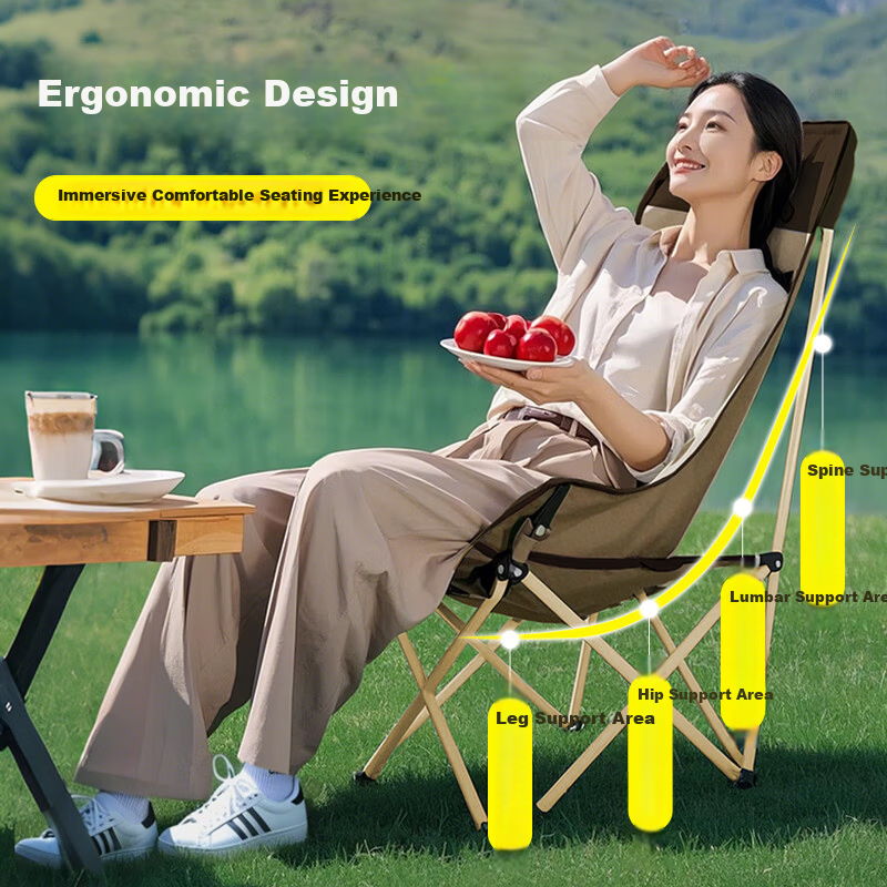 Hoshino Outdoor Folding Chair with High Backrest Moon Chair Picnic Camping Portable Folding Fishing Stool Nap Lazy Chair