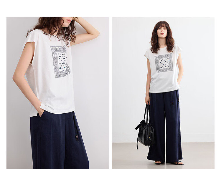Demana [Cool Sorona] Summer Retro Print Crew Neck Short Sleeve Loose Casual Simple Versatile Women's T-Shirt 5