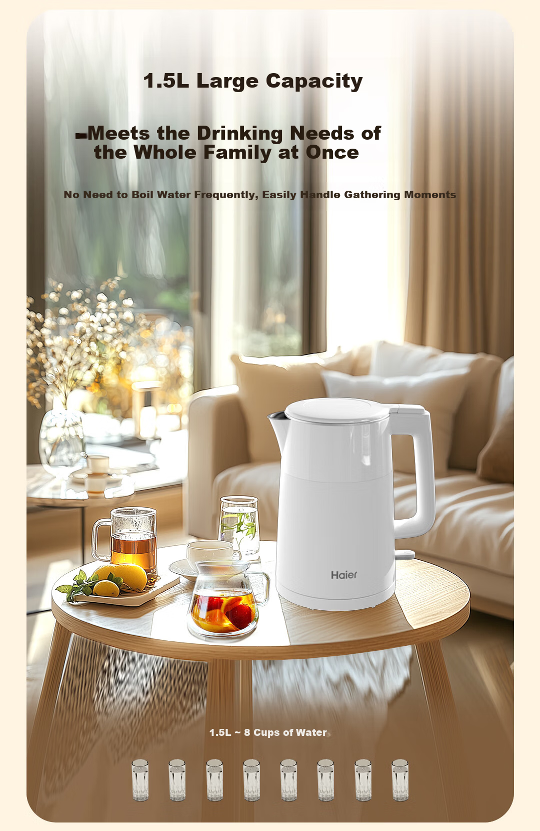 Haier Electric Kettle 304 Stainless Steel Double-Layer Anti-Scald Boiling Kettle Dry-Burn Protection Auto Power Off Household Electric Kettle 1.5L HSK-K515W 4