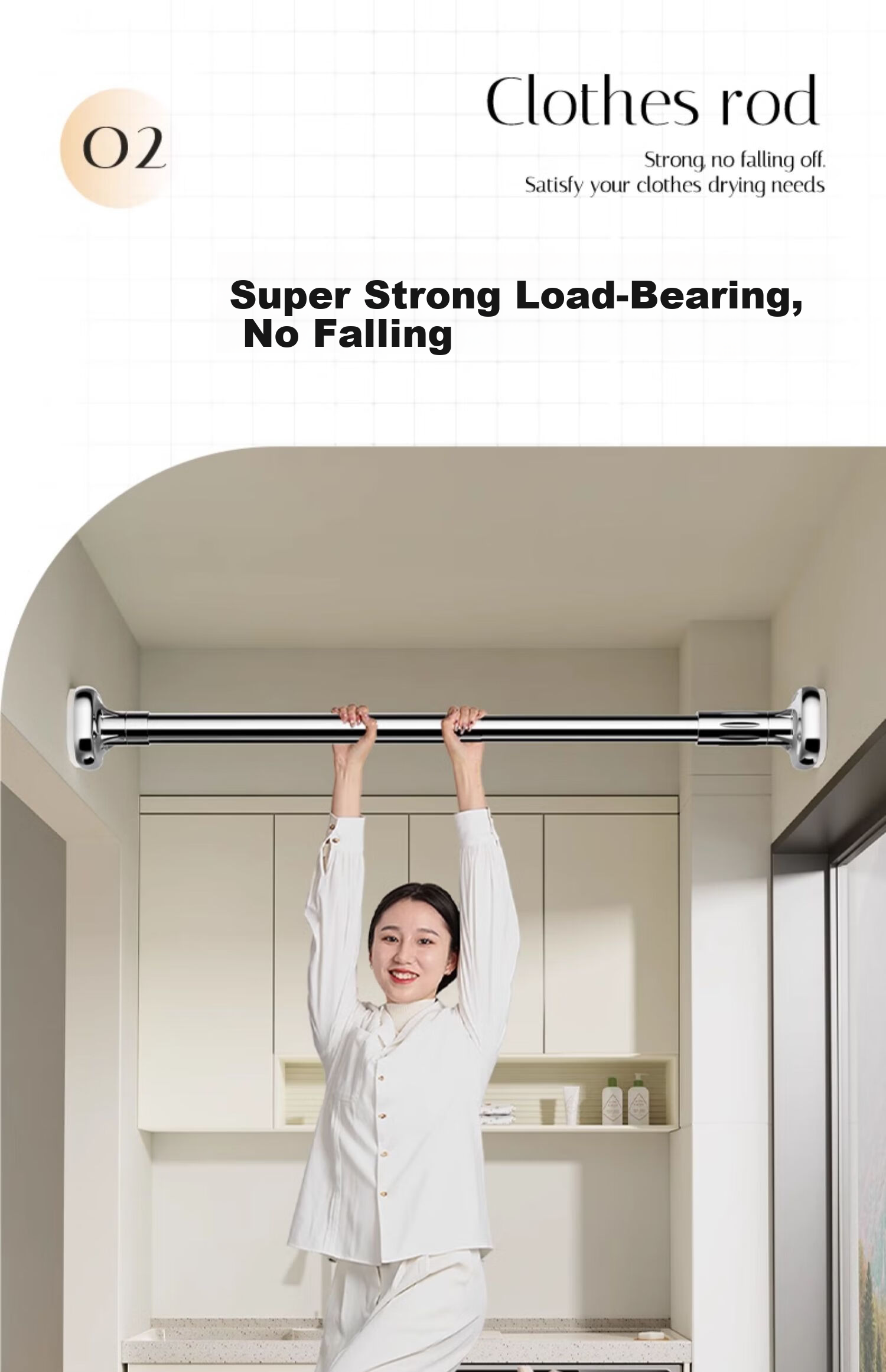 FK Retractable Clothes Drying Rod, No Drilling Required, Bathroom Drying Rack, Stainless Steel Bathroom Support Rod, Square 0.9~1.6 Meters 3
