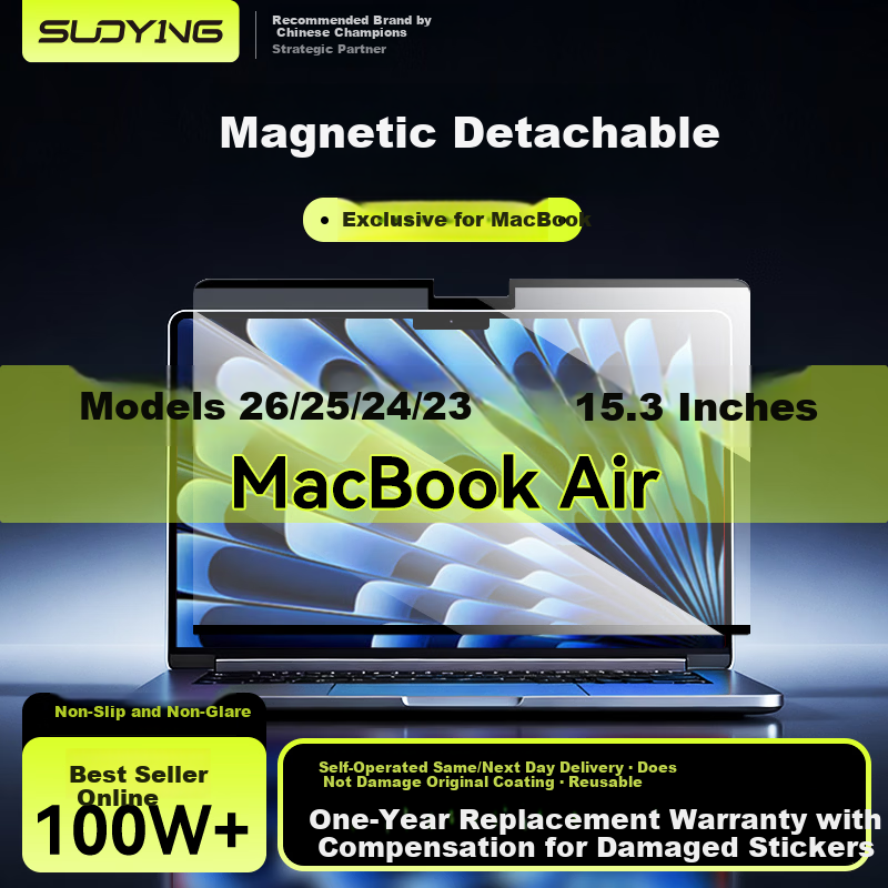 Suoying Magnetic Detachable Screen Protector for Apple MacBook Air 15.3-inch M5/4/3 2026/25/24 Models Laptop HD Easy-Apply Film