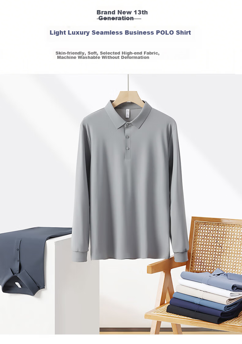 ROMON Men's Business Casual Polo Collar Long Sleeve T-Shirt Extraordinary Pique Skin-Friendly Seamless High-Quality Top Gray 3XL 1