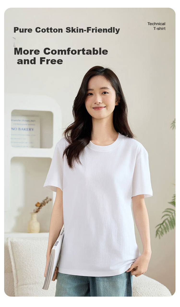 Woodpecker Women's Short Sleeve T-Shirt 2025 New Summer Round Neck Loose Fit Solid Cotton Casual Half Sleeve Top Black 2XL 1