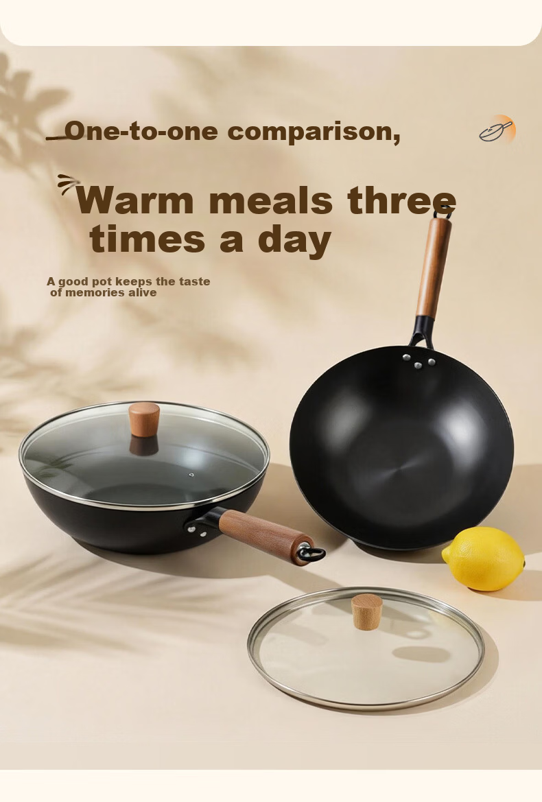 Jingmi Premium Cast Iron Wok 34cm Healthy Non-Coated Iron Frying Pan Universal for Home and Open Flame Cooking 12