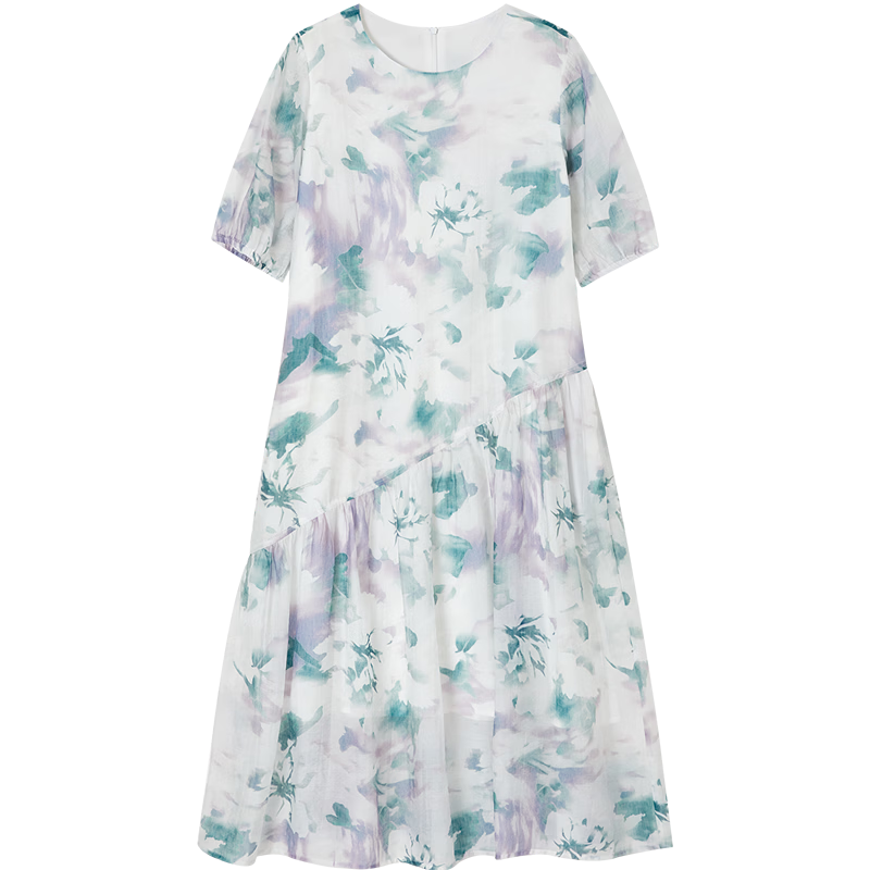 Demana [Refreshing Lyocell] Summer Romantic Print Irregular Patchwork Flared Slim Fit Dress for Women High-End Feel