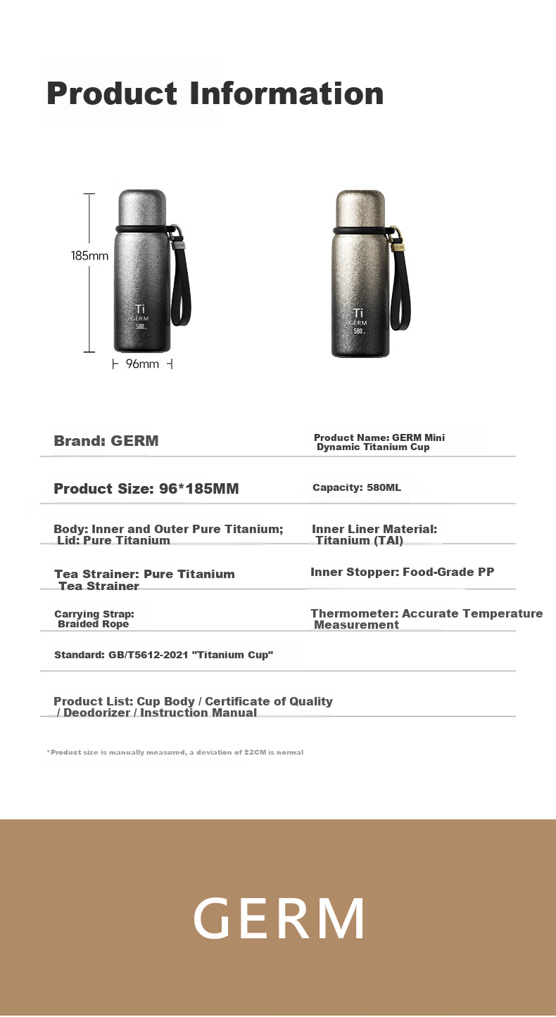 Germ Pure Titanium Insulated Water Bottle for Men and Women with Temperature Display, Direct Drinking Tea Cup, High-End Gift, 580ML Black Gold 22