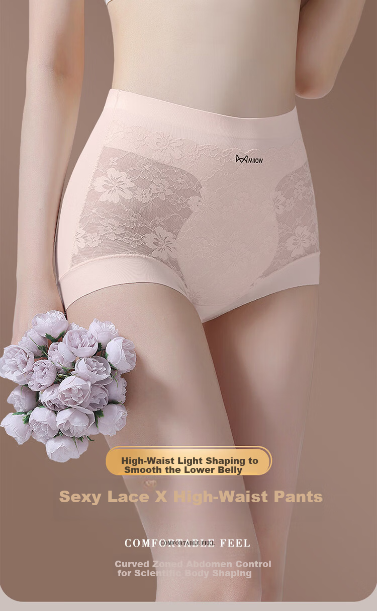 Miiow Women's Lace Underwear Extended 10A Cotton Antibacterial Crotch High Waist Tummy Control Hip Lift Breathable Plus Size Triangle Panties M 2