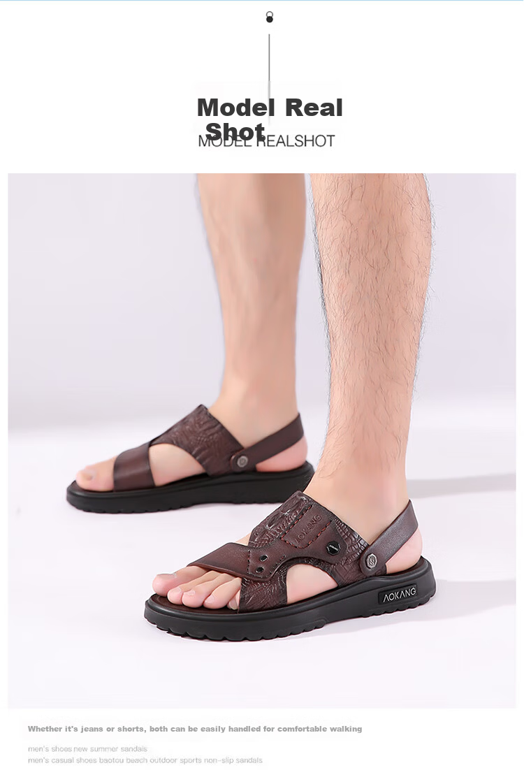 Aokang Men's Leather Beach Sandals, Casual Leather Slippers, Middle-Aged And Elderly Dad Shoes, Two-Way Wear, Large Size Slippers, Brown, Size 38 13