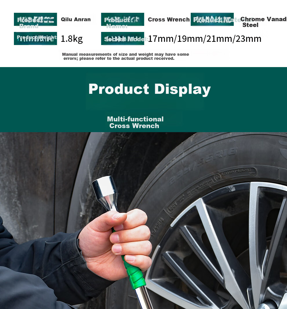 QL Cross Wrench Portable Car Tire Wrench Labor-Saving Tire Removal Tool 20-Inch Green Rubber Handle 15