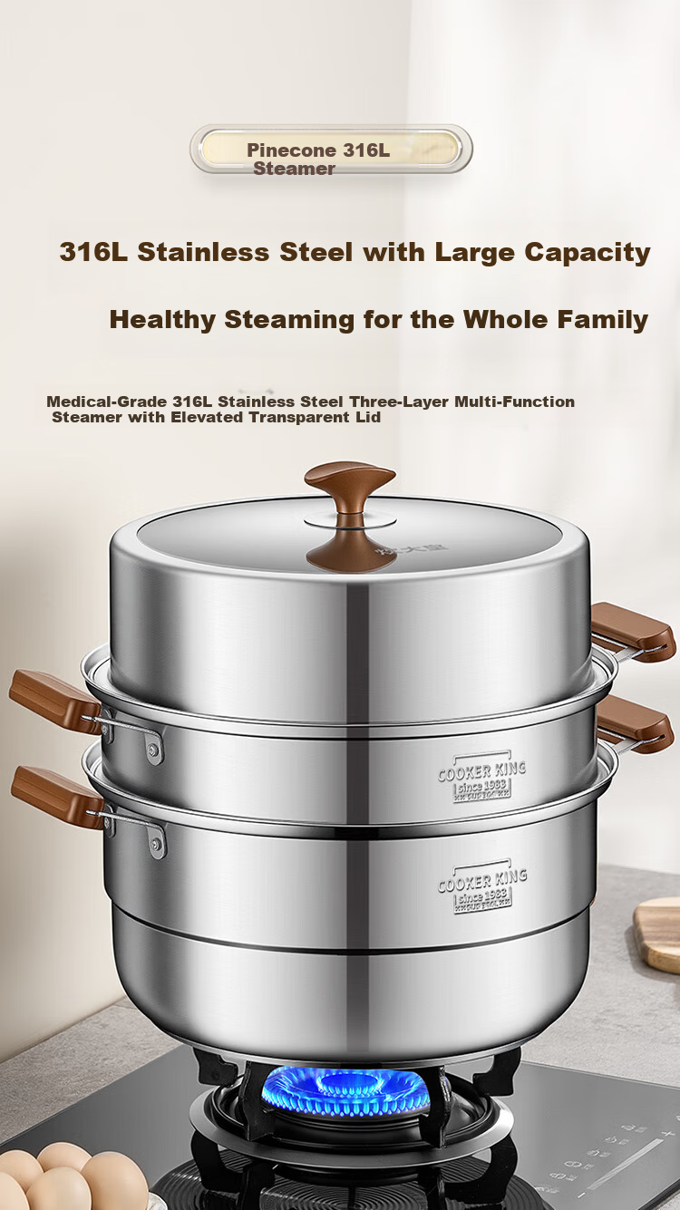 COOKER KING 316L Stainless Steel Three-Layer Steamer Pot with Composite Bottom, Household Soup Pot, Visible High Dome Lid, 30cm 1