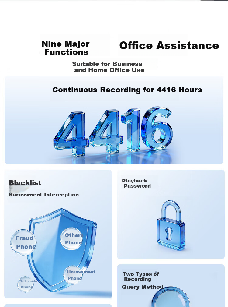 Baotair Recording Telephone 2200 Hours Fixed Desk Phone Office Home Automatic Manual Recording Answering Machine USB Export 32GB Storage T889 White 2