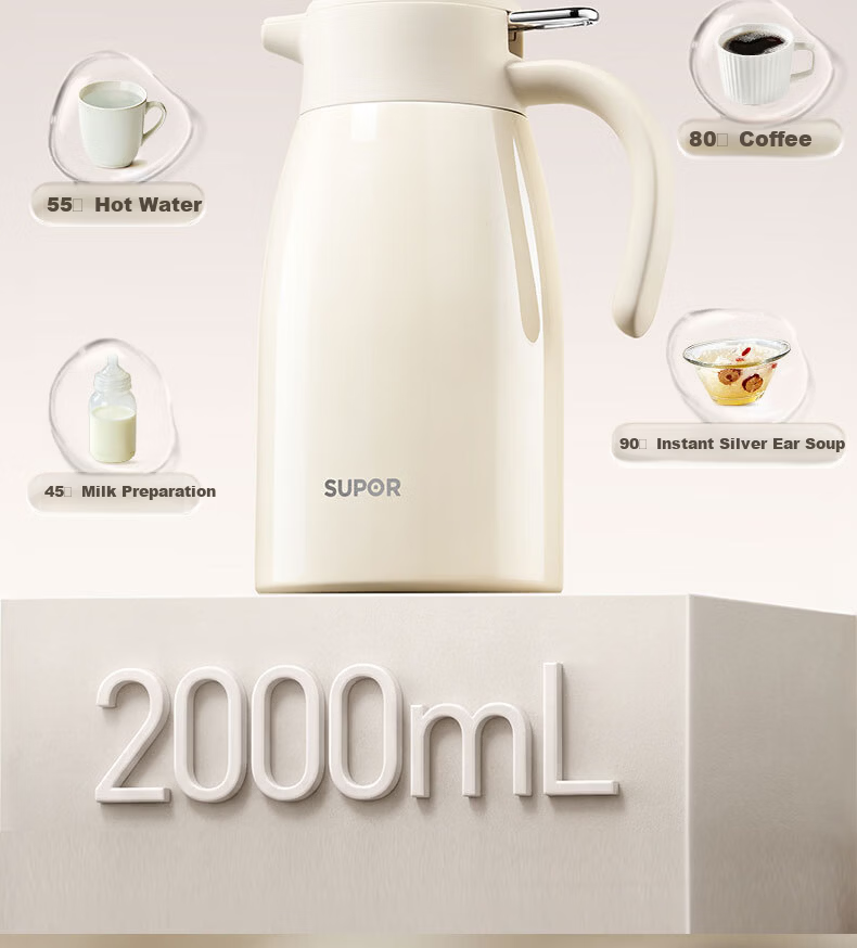 Supor 316L Stainless Steel Insulated Thermos Flask 2L Cream White Large Capacity Home Office Hot Water Bottle 9