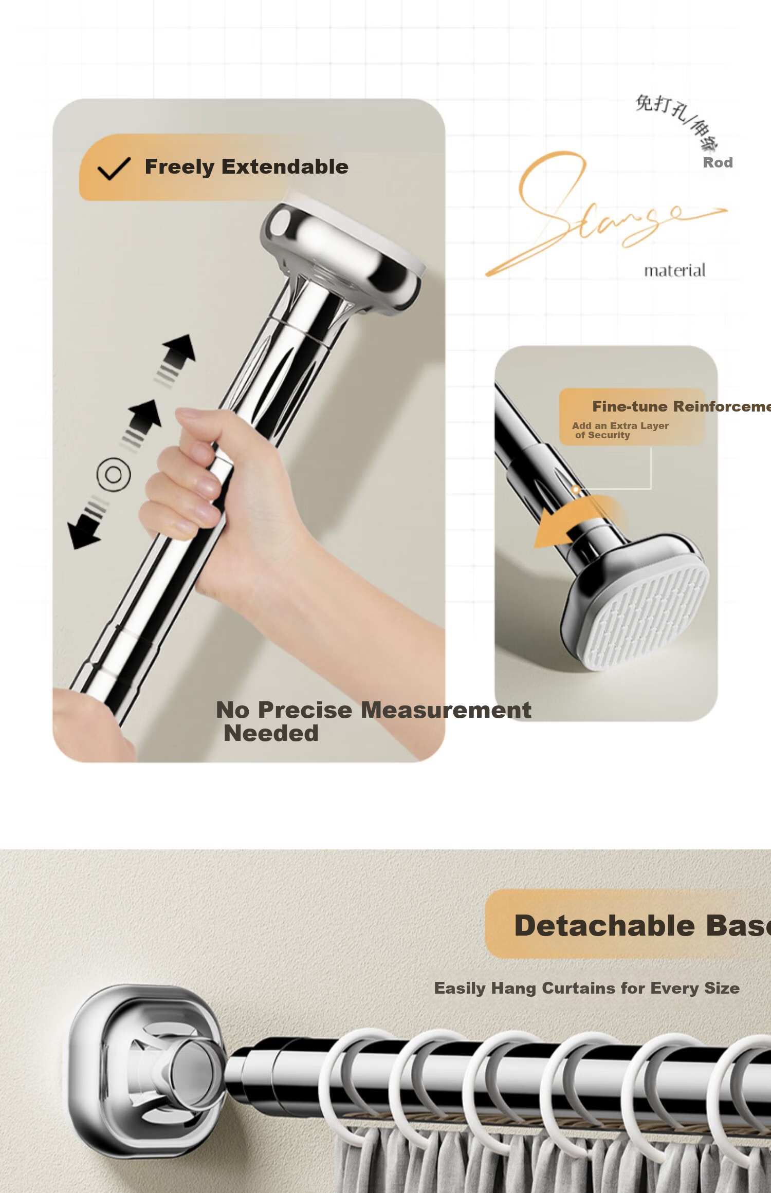 FK Retractable Clothes Drying Rod, No Drilling Required, Bathroom Drying Rack, Stainless Steel Bathroom Support Rod, Square 0.9~1.6 Meters 18