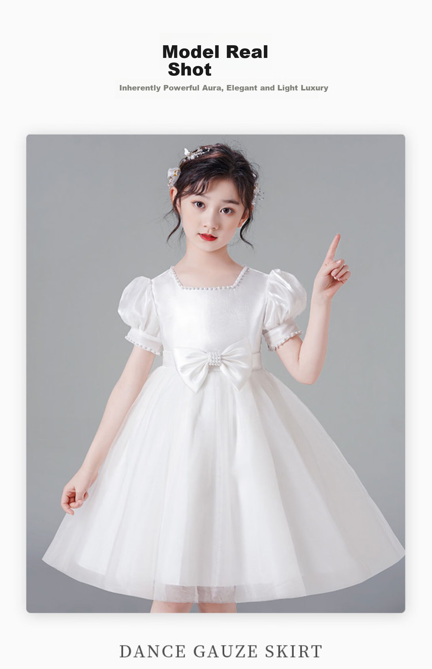 Luomeng Graduation Performance Host Dress, Girls' Graduation White Princess Dress, Birthday Flower Girl Piano, White, Size 150 11